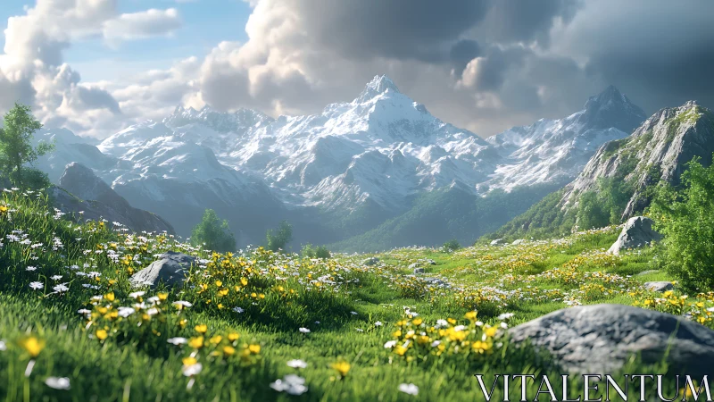 Sunlit mountain meadow opening gently toward snowy peaks.