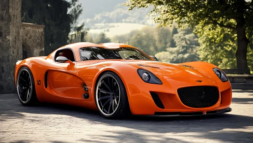 Low-angle render showcases glossy orange supercar in daylight