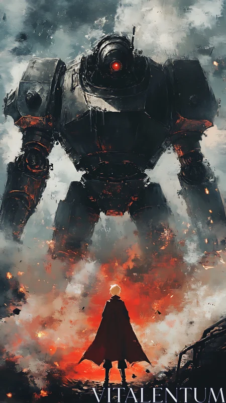 Lone caped figure faces towering war robot in flames.