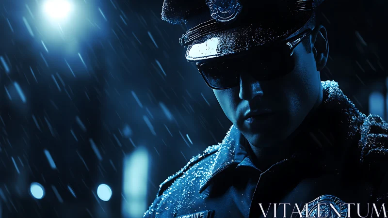 Lone police officer stands watch in blue neon rain at night
