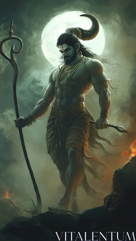 Mythic horned warrior under full moon with trident staff.