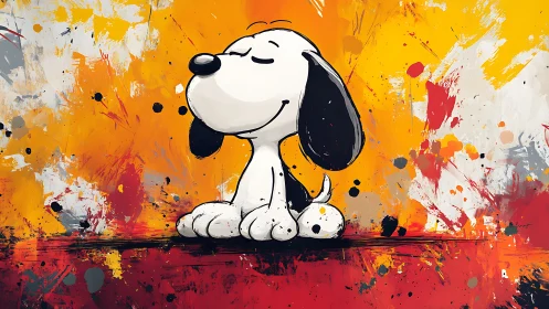 Joyful cartoon beagle meditating in a blazing paintstorm.