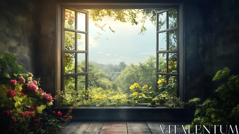Open window overlooking lush sunlit forest garden.