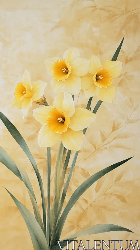 Soft yellow daffodils unfold against warm watercolor gold.