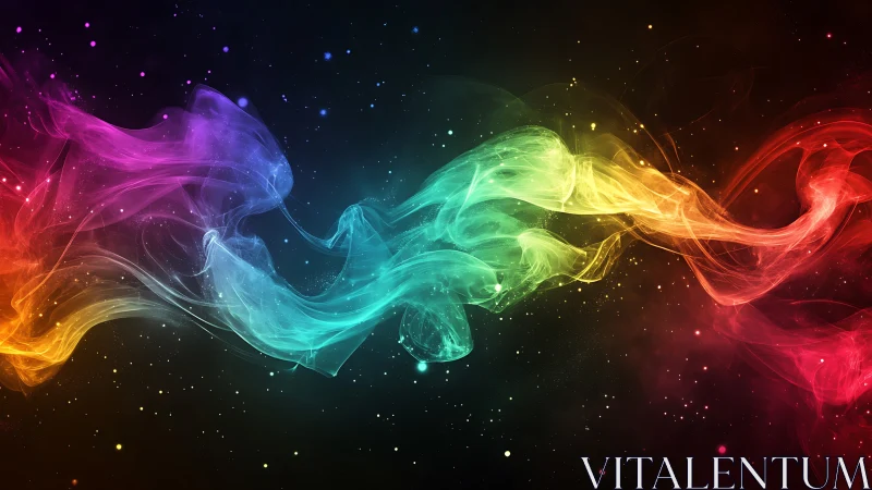 Multicolor translucent light bands traverse a dark starfield