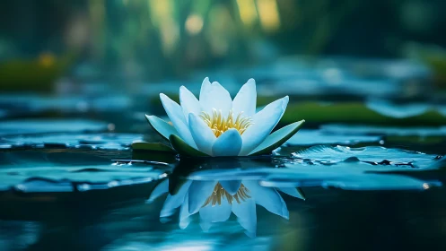 White water lily on pond surface with soft reflections.