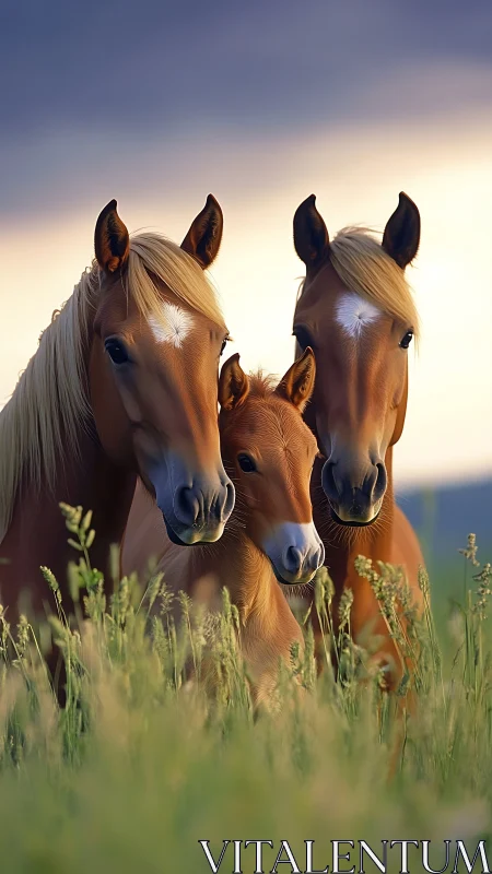 Three chestnut horses standing in tall grass at sunset.