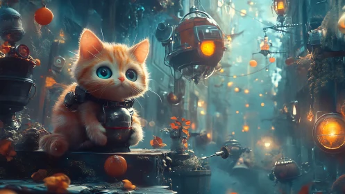 Curious orange kitten explores a glowing steampunk alleyway