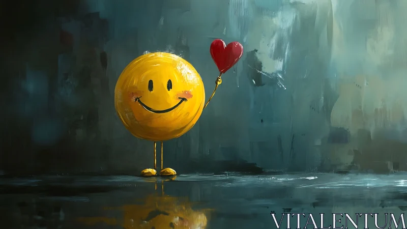 Smiley emoticon holding heart balloon in moody impasto field.