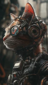Cybernetic cat wears heavy mechanical exosuit in profile