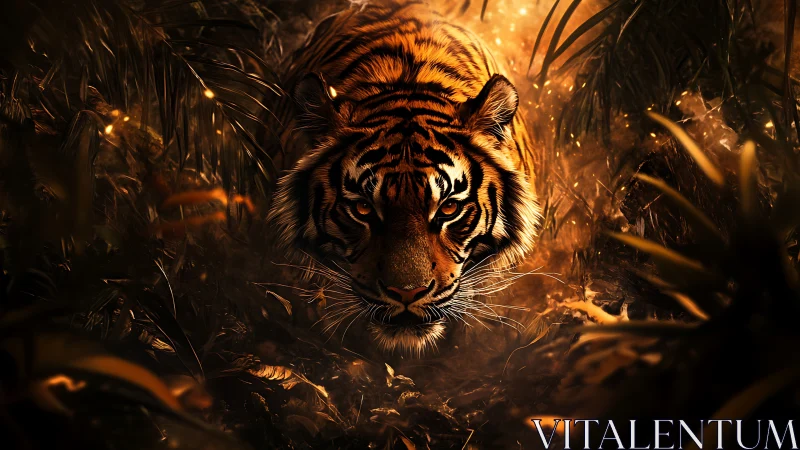 Golden jungle tiger walks forward through glowing shadows