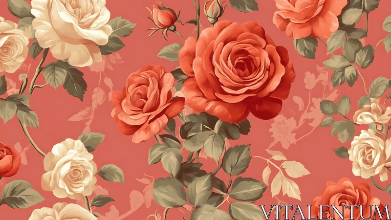 Botanical Composition: Coral and Cream Roses with Foliage Layering.