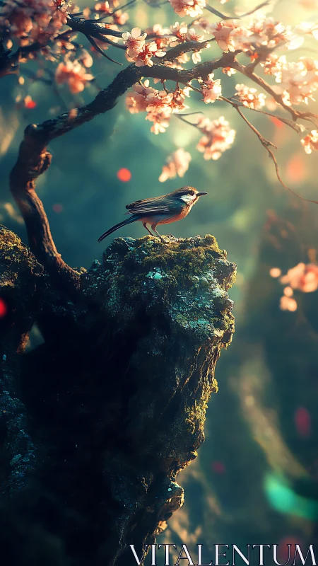 Blossom lookout bird pausing on a mossy cliff of light.