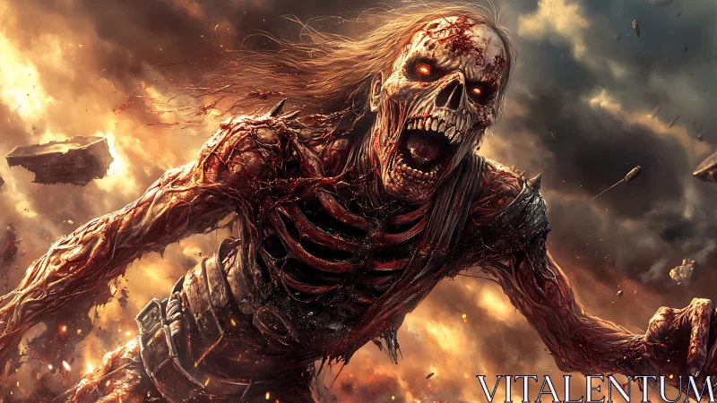 Burning skeletal warrior charges through apocalyptic flames