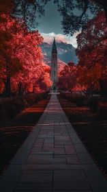Tower rises through crimson autumn park beneath distant peaks