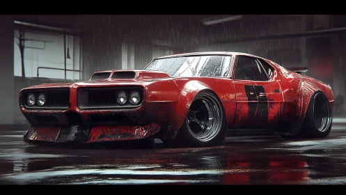 Aggressive red muscle car render in cinematic rain scene.