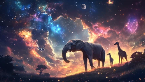 Elephant and giraffes under nebular sky with cosmic backlight.