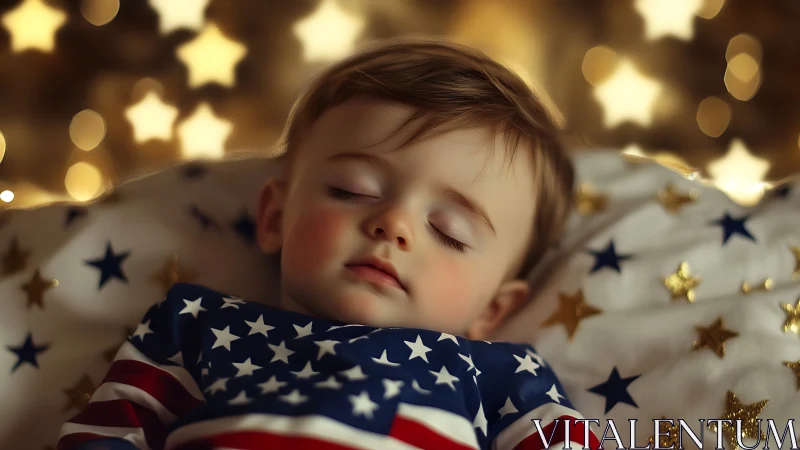 Sleeping Infant with Luminous Bokeh and Patriotic Textile Elements.