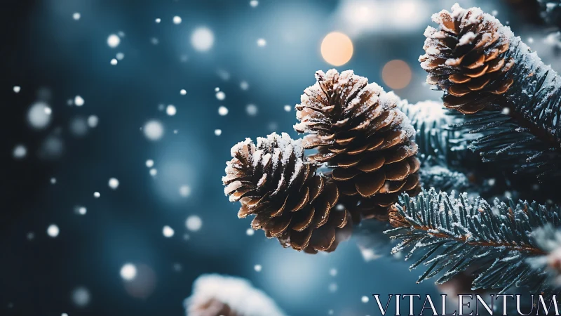 Photorealistic snowy pine cones with shallow depth of field.
