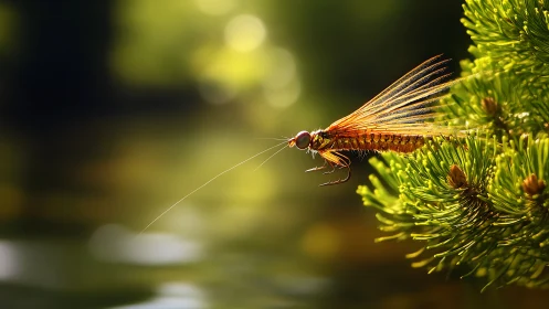 Macro study of mayfly imago on conifer branch in oblique light.