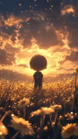 Boy in golden meadow beneath glowing sunset sky.