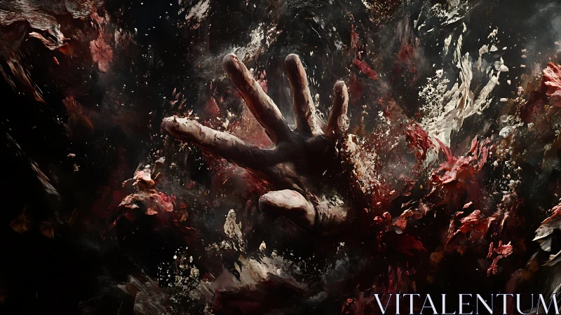 Reaching hand emerges from swirling storm of shadow and flame.