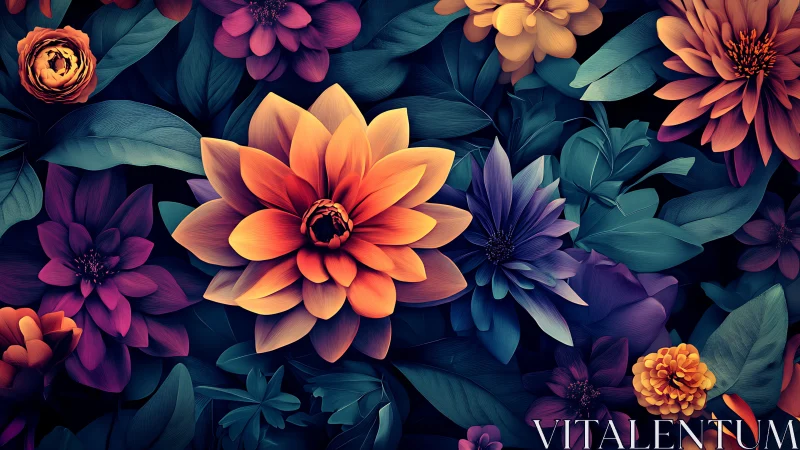 Luminous Digital Dahlias in Deep Teal and Coral