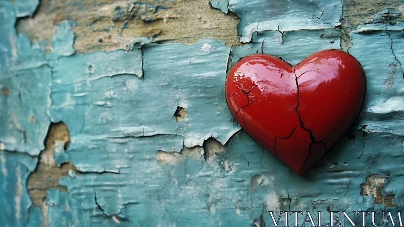 Fractured Red Heart Against Weathered Turquoise Wooden Surface. Symbolic Heartbreak.