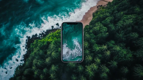Phone portal hovers above wild coast of jungle and surf.