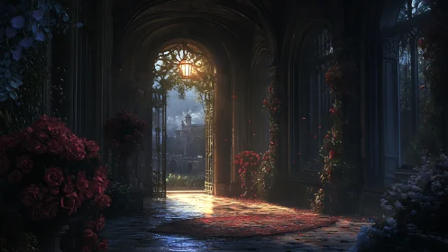 Gothic stone corridor opens onto sunlit rose garden