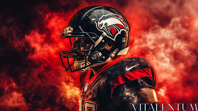Football player stands in fiery smoke, radiating intense focus