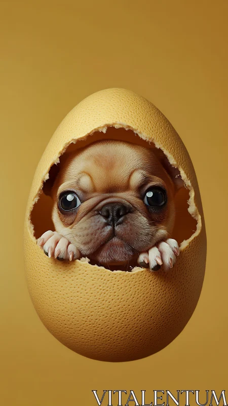 Adorable puppy peeks out from a cracked golden egg shell