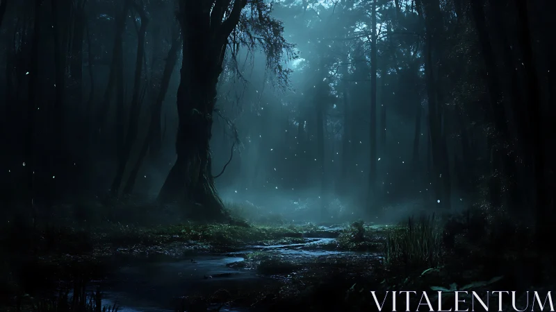 Nocturnal Forest Ecosystem with Bioluminescent Particulates and Flowing Waterway.