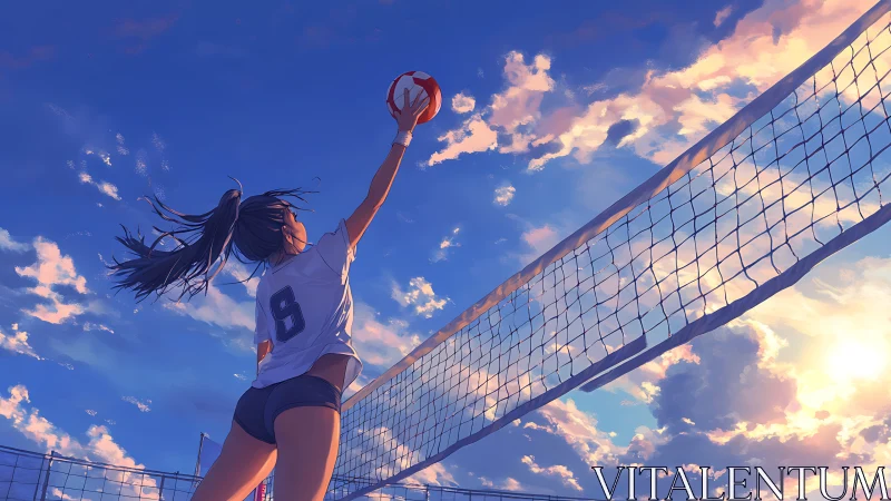 Sunset volleyball spike soaring into a painted summer sky.