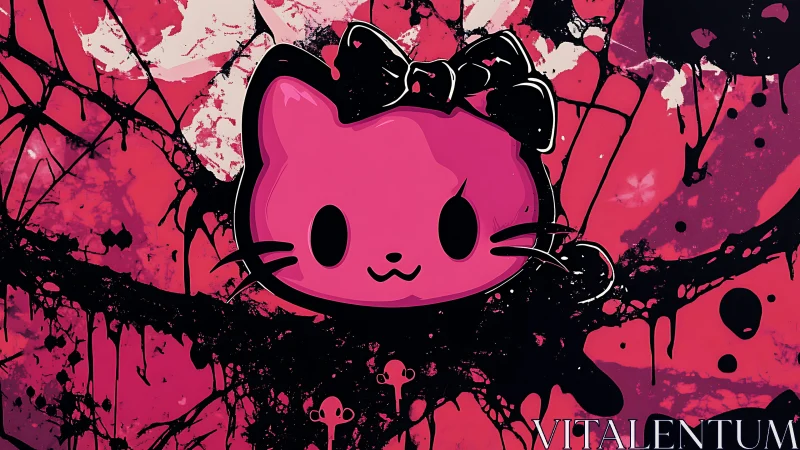 Pink cartoon cat head over chaotic black splatter field.