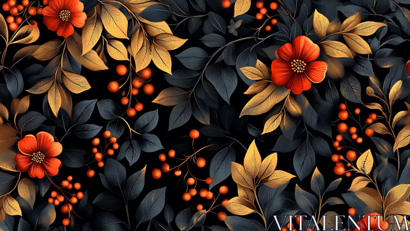 Floral Pattern with Red Flowers and Orange Berries