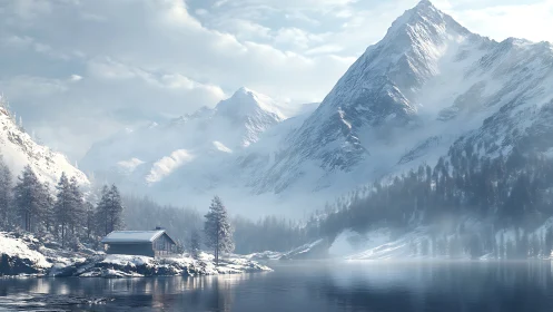 Snowbound cabin whispers beneath colossal winter peaks