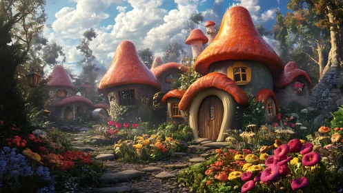 Whimsical mushroom cottages line a floral stone path at dawn