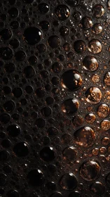 Macro view of clustered dark liquid bubbles on surface.