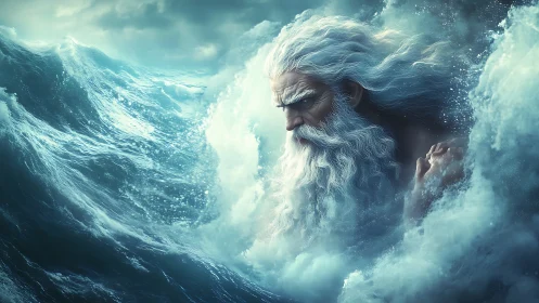Sea god emerges from storm surge in luminous teal waves.
