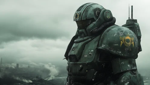 Armored exosuit sentinel in misty dystopian skyline frame.