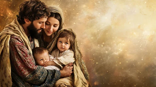 Sacred family portrait glows against radiant golden sky