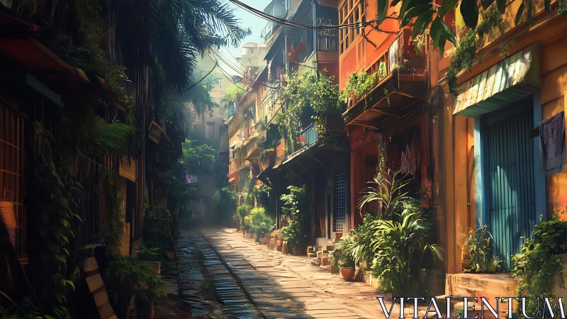 Narrow urban alley with plants and weathered building facades.