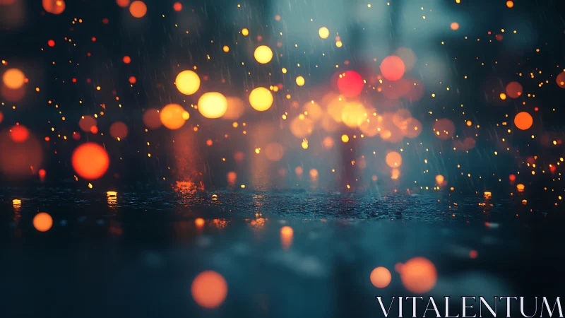 Rainlit city street reflects glowing orange bokeh orbs
