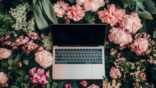 Open laptop centered in dense pink floral arrangement, top view