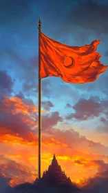 Red flag with crescent emblem flies above temple at sunset
