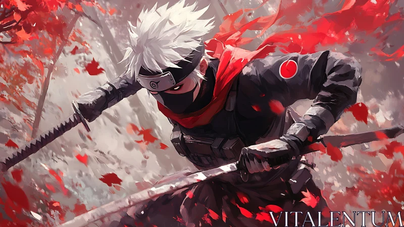 Masked anime swordsman charging through red leaves storm.