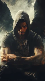 Brooding street angel rests in a storm of shadows and light.