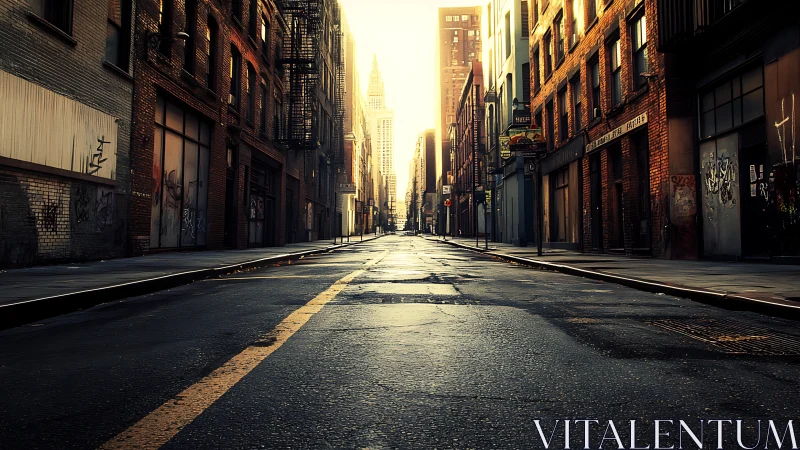 Deserted urban street at sunrise with wet asphalt and brick facades