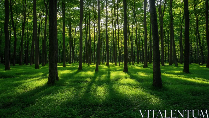 Temperate forest with dappled sunlight filtering through tree canopy.